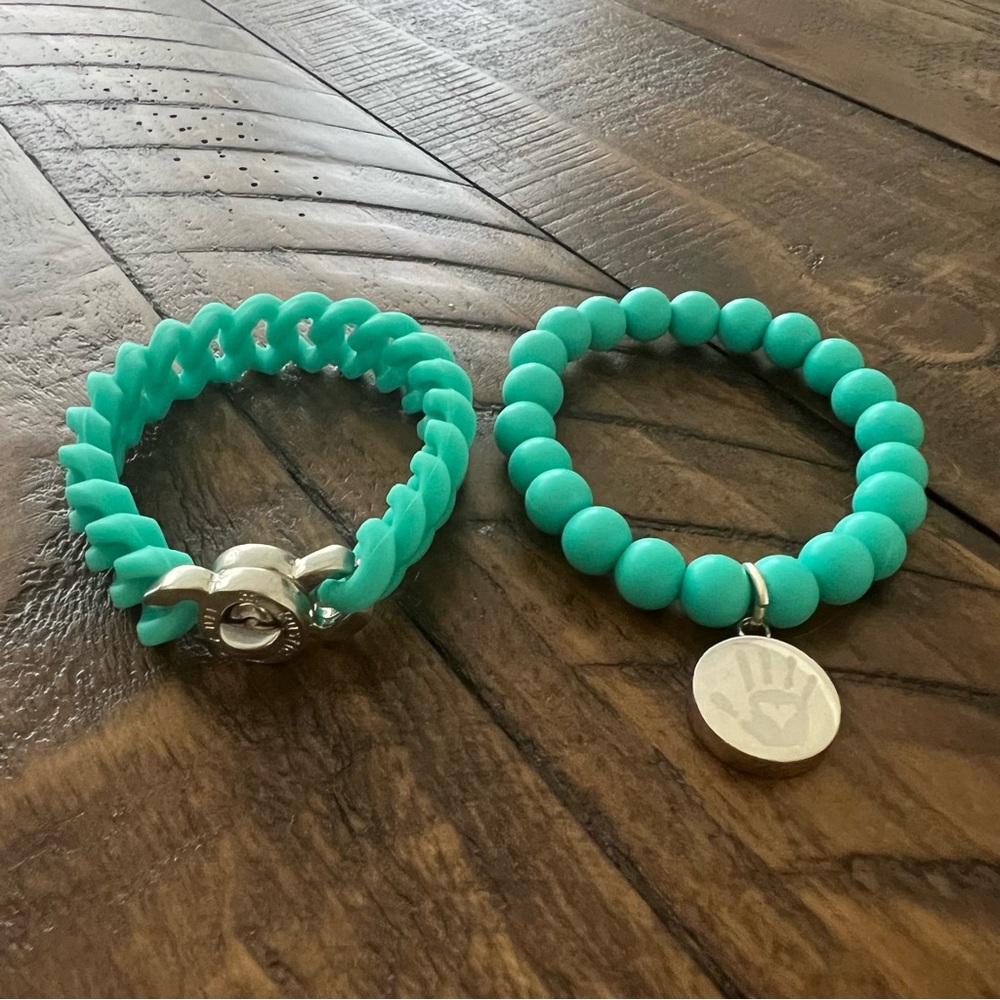 Rustic Cuff Silver Turquoise Aqua Rubber Chain Bracelet Set (2)